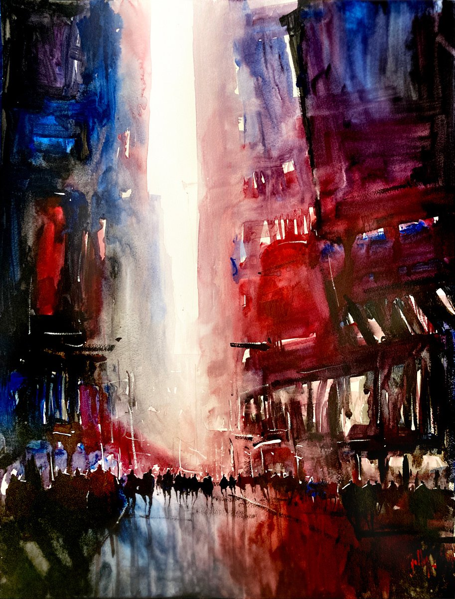Impressionistic Cityscapes Watercolour By Nicolas Jolly, 20 X 26", New York 126, Original Artwork