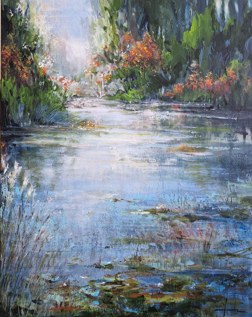 Impressionistic Landscape Acrylic Painting By Irina Laube, 31 X 39, Secrets Of The Forest Lake, Original Artwork
