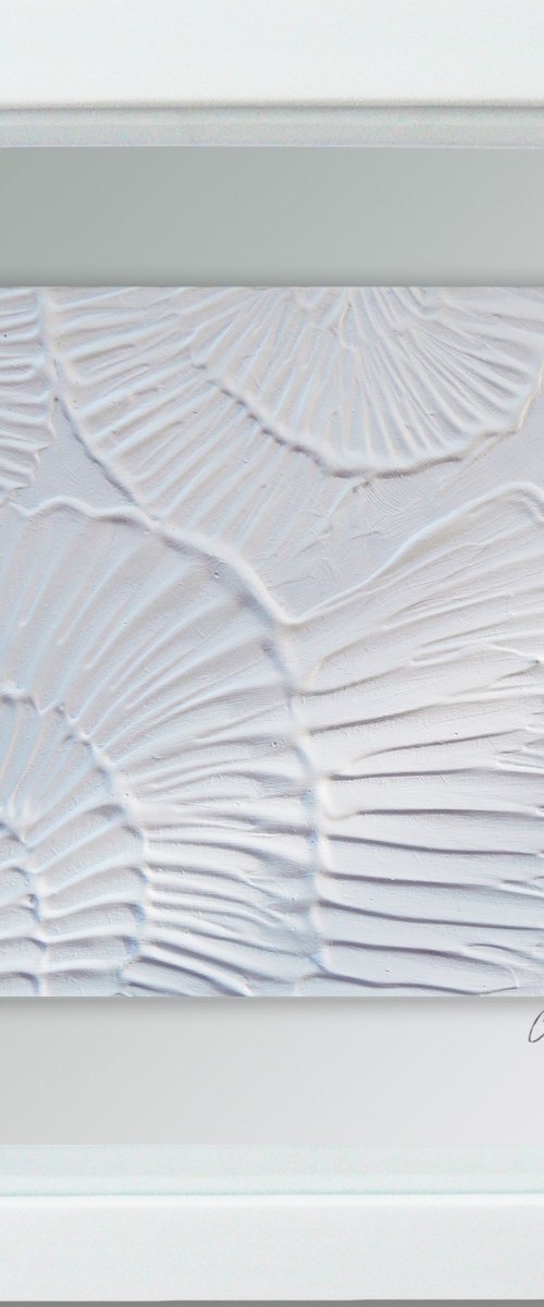 White Ammonites (minimalism - ammonites textured painting in white ) Framed, ready to hang by Carolynne Coulson