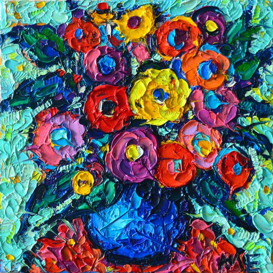 COLOURFUL WILD ROSES 10 - abstract modern impressionist floral miniature palette knife oil painting