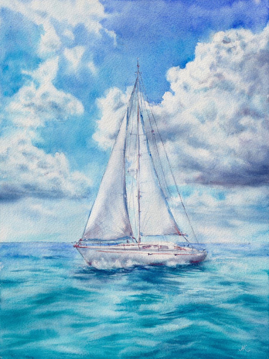 Impressionistic Landscape Watercolour By Kateryna Nazarenko, 9 X 12", Blue Voyage, Original Artwork