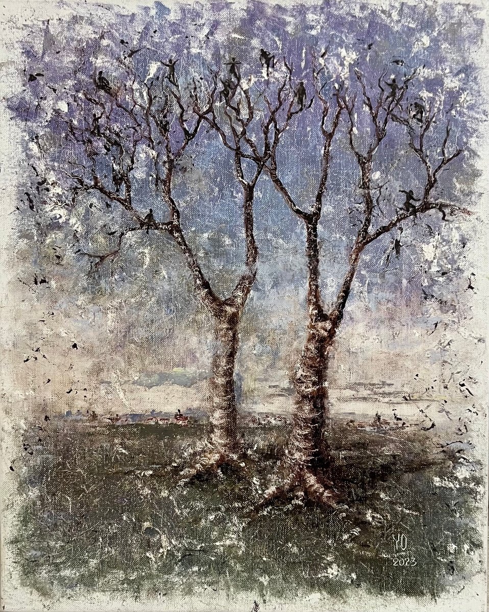 Impressionistic Landscape Oil Painting By Yulia Odukalets, 16 X 20", Moody Tree Purple Landscape, Original Artwork