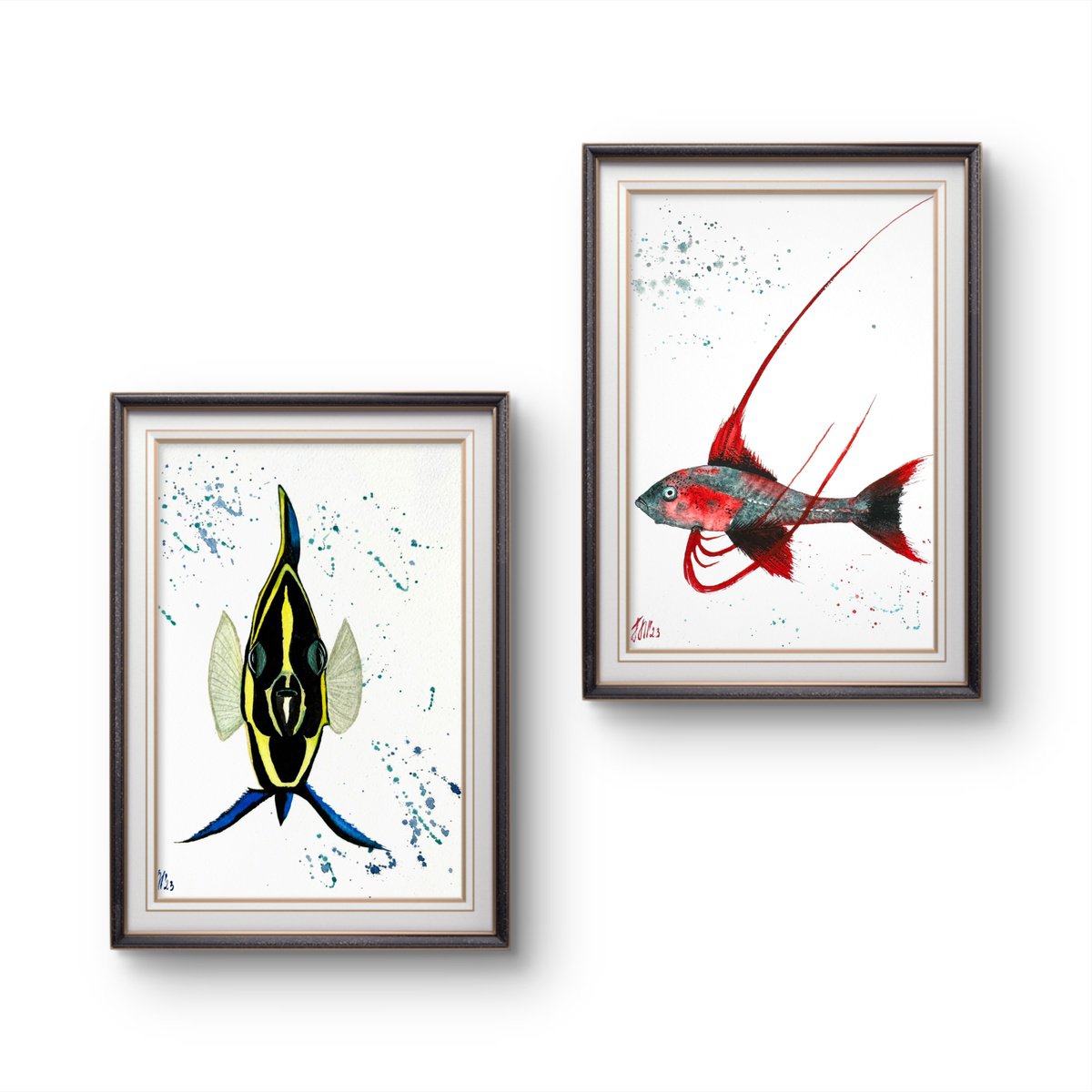 Animal Watercolour By Yuliia Sharapova, 28 X 17", Diptych Exotic Colorful Fish, Original Artwork