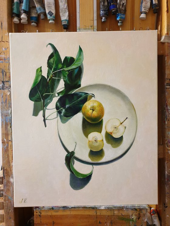 "Still life with an apple. "  still life summer liGHt original painting  GIFT (2021)