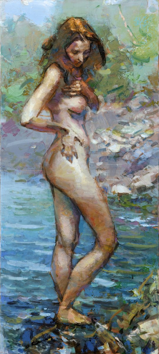 Impressionistic Portrait Oil Painting By Eugene Segal, 16 X 35, Nude, Original Artwork