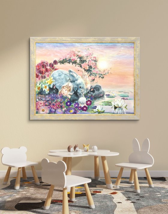 Floral garden with rabbits