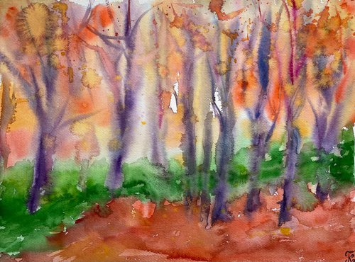 Fall Forest Watercolor Painting, Autumn Landscape Original Artwork, Orange Wall Decor by Kate Grishakova