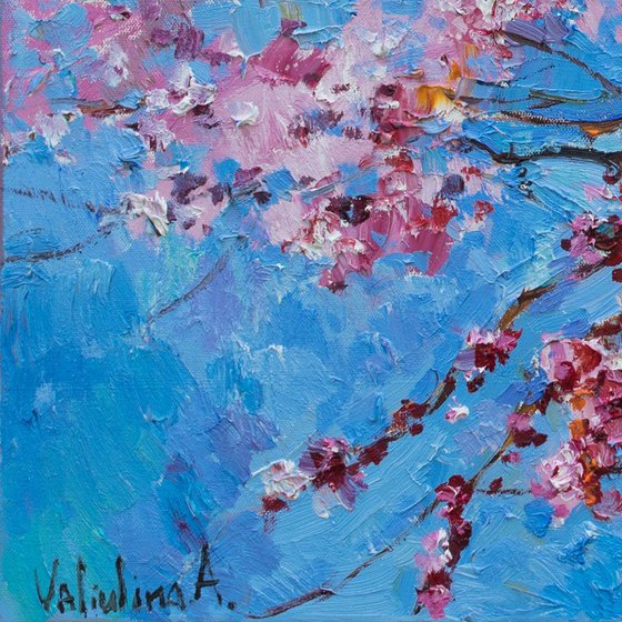 Flowering peach tree Original oil painting FREE SHIPPING