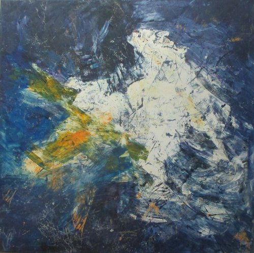 big blue sky abstract - informel painting xl 39x39 inch by Sonja Zeltner-Müller
