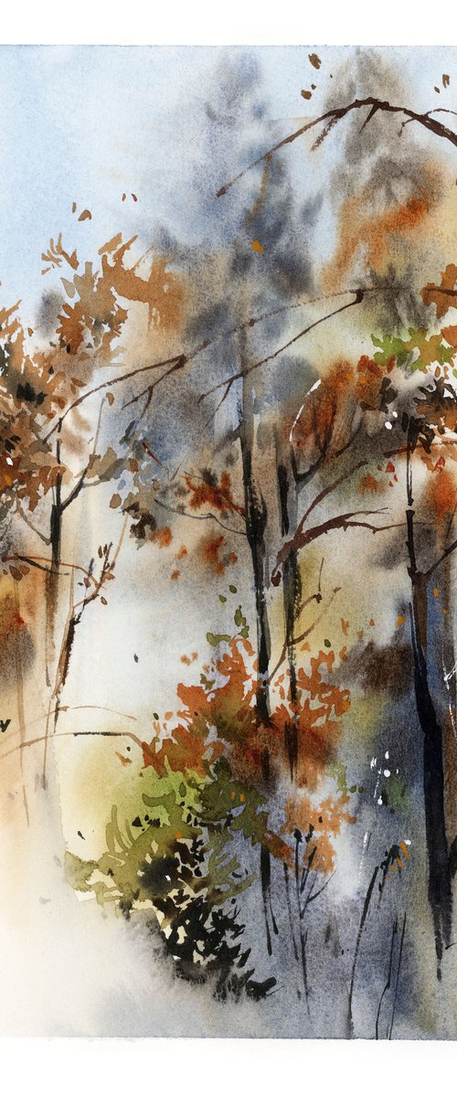 Forest Landscape Nature Watercolor Painting, Trees Painting by Sophie Rodionov