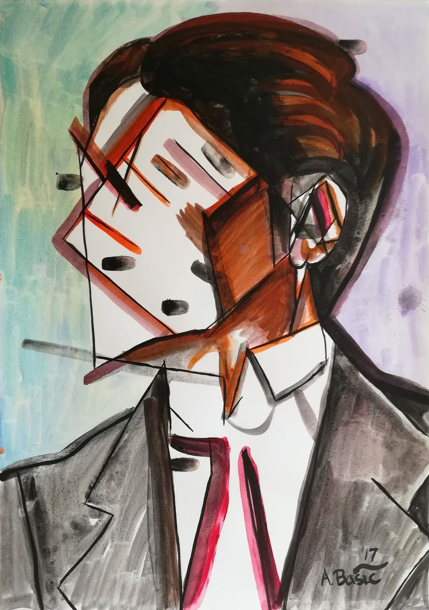 Geometric Portrait Painting By Aleksandar Basic, 12 X 17, Jean Metzinger, Original Artwork