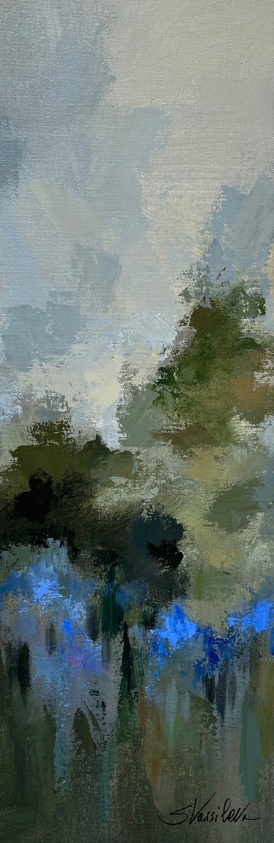 Expressive Landscape Acrylic Painting By Silvia Vassileva, 9 X 27", Forest Bluebells Ii, Original Artwork
