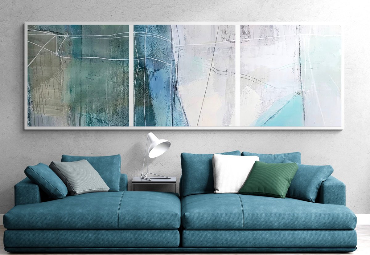 Abstract Acrylic Painting By V+V Kniazievi, 118 X 39", Triptych Inside Kaleidoscop, Original Artwork
