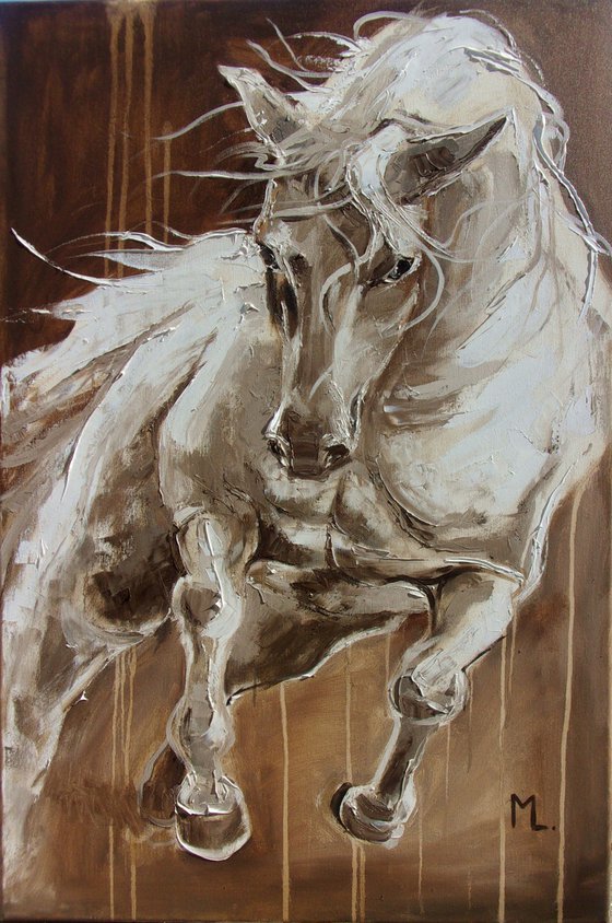 " WHITE HORSE "  original oil painting on canvas, gift, PALETTE KNIFE
