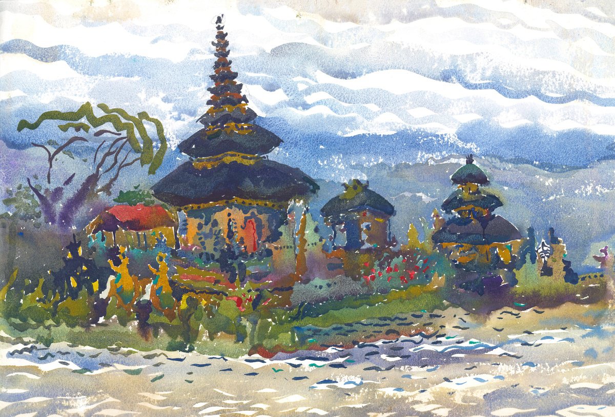 Impressionistic Cityscapes Watercolour By Tanbelia, 22 X 15", Ulun Danu Beratan Temple, Original Artwork