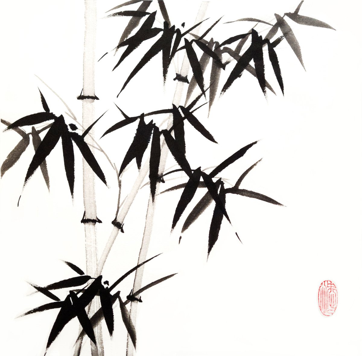 Impressionistic Botanical Ink Drawing By Ilana Shechter, 14 X 14, Three Bamboos, Original Artwork