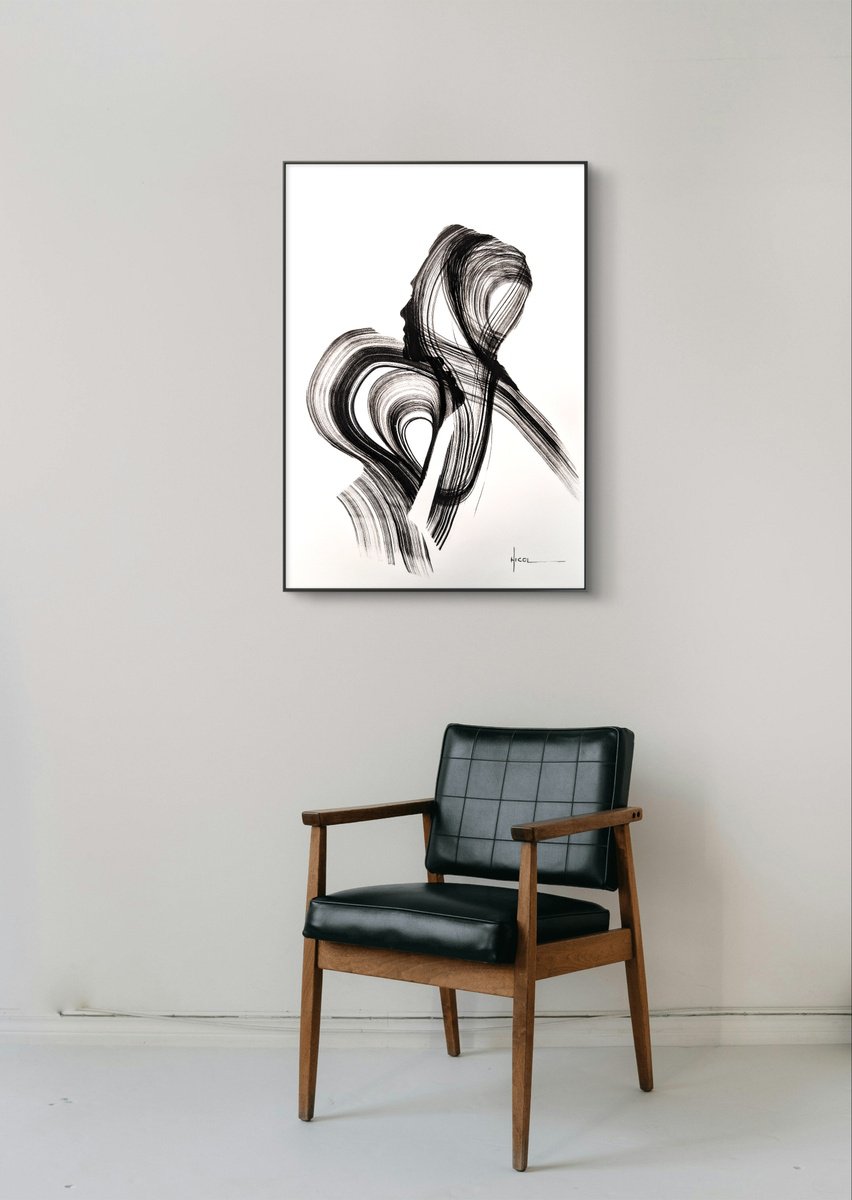Expressive Portrait Ink Drawing By Nicol Vacaru, 15 X 22", Silent Currents, Original Artwork