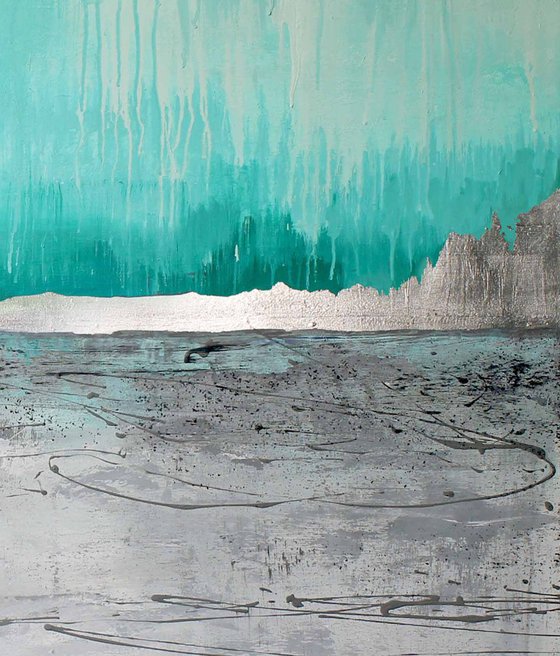 "Lake" Abstract teal blue silver acrylic art