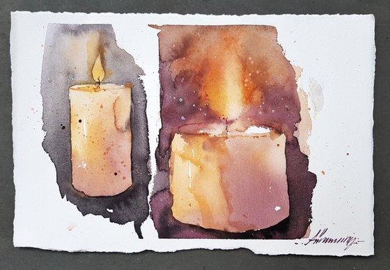 Сandles. A warm light for your house. Orinal watercolor picture.