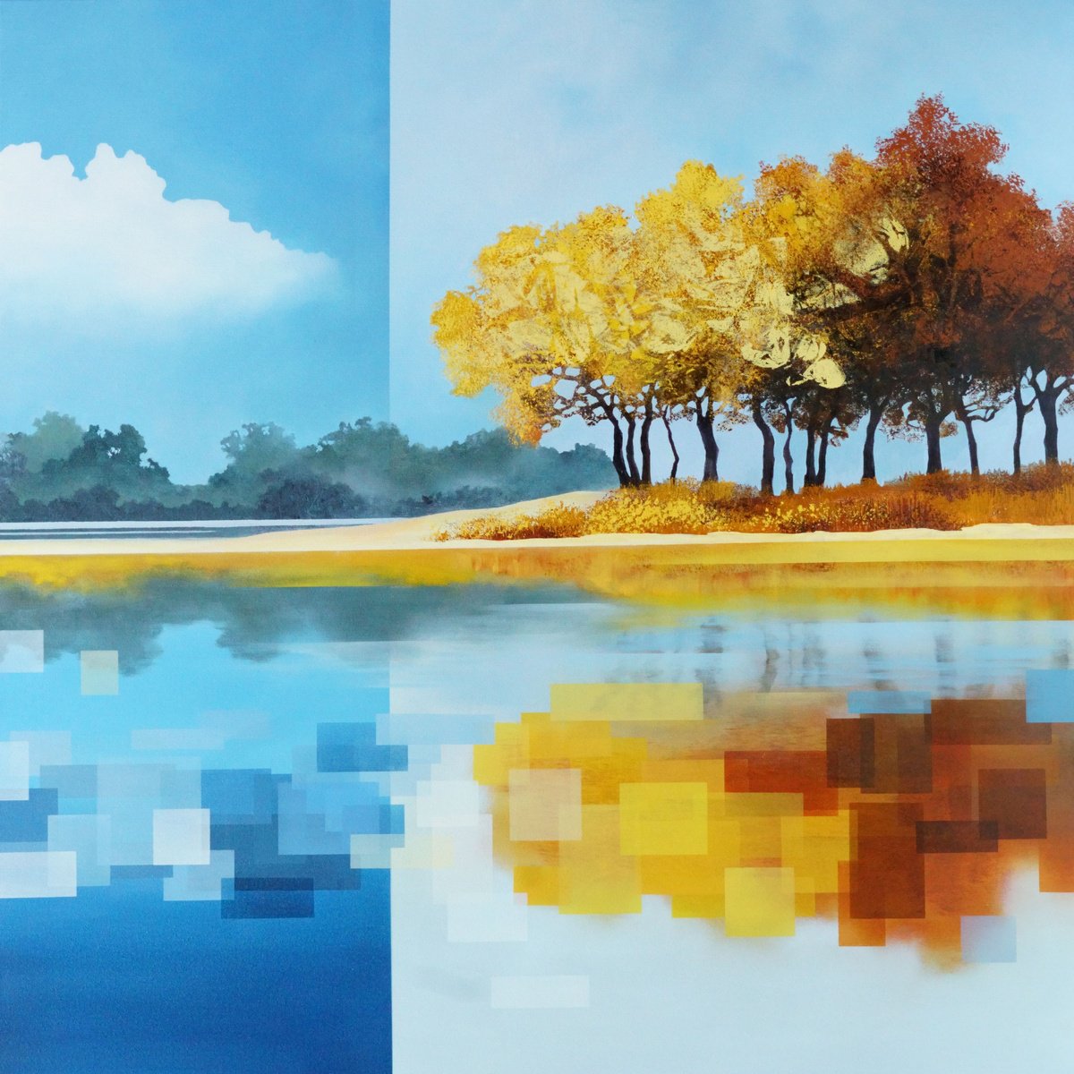 Impressionistic Landscape Oil Painting By Vera Hoi, 36 X 36", "Mirror Of Memories", Original Artwork