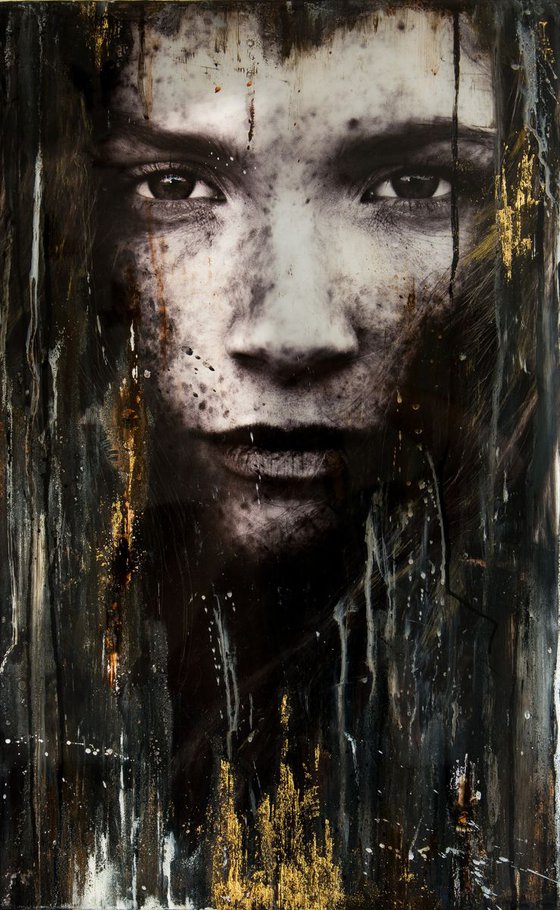"Eline" (60x37x3cm) - Unique portrait artwork on wood (abstract, portrait, gold, original, epoxy, painting)