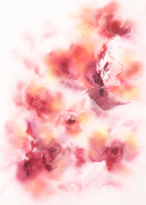 Red flowers watercolor painting "AUTUMN ROSES" by Olga Grigo