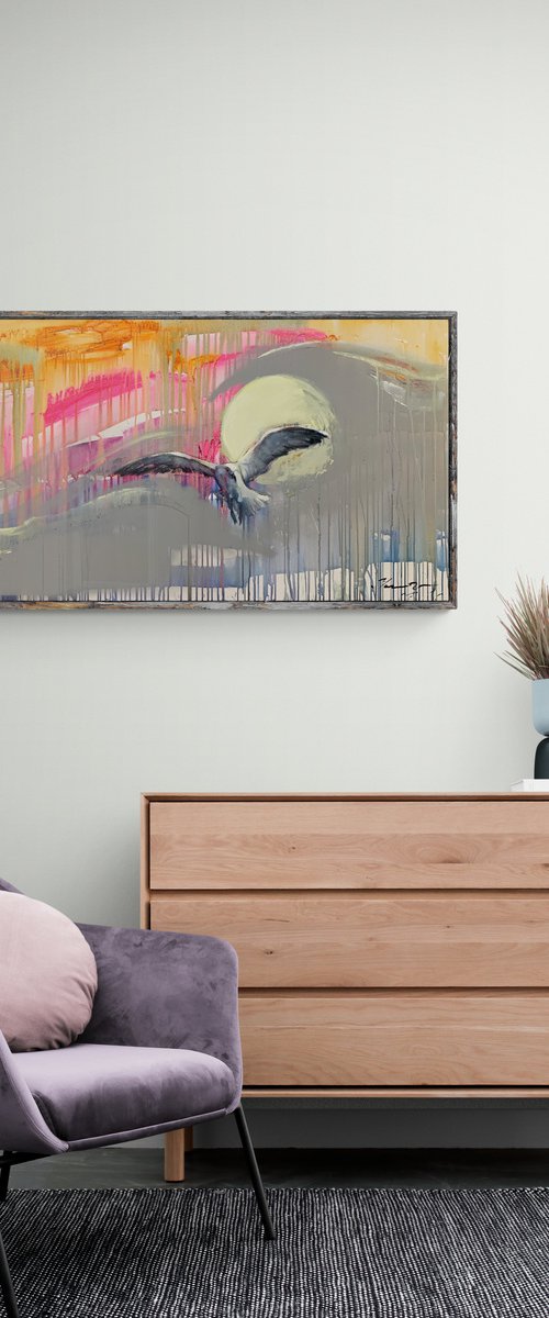 Bright painting - "Seagull" - Expressionism - Bird - Seagull - Sunset by Yaroslav Yasenev