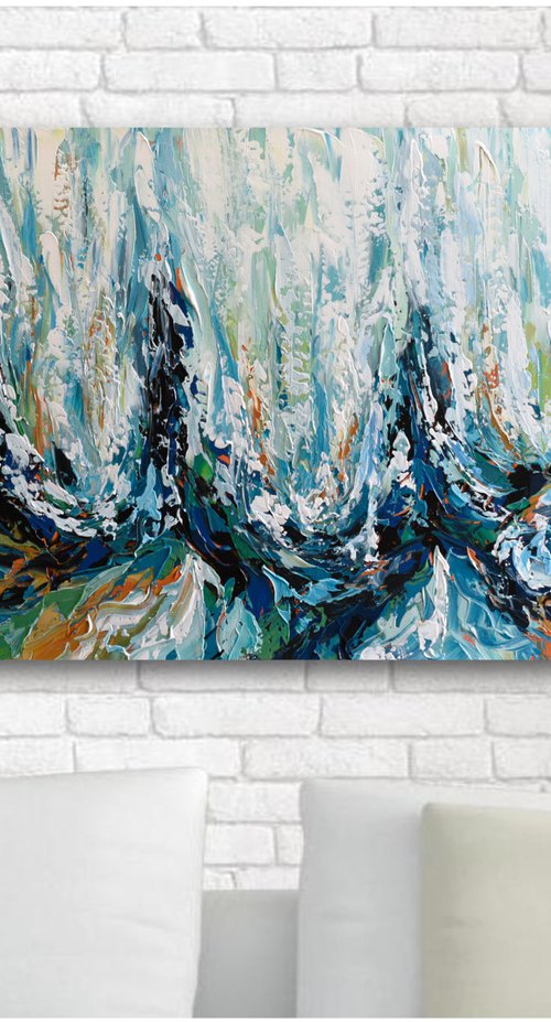 Early Spring III - Original Blue Brown Abstract Painting, Large Textured Modern Wall Art by Olga Tkachyk