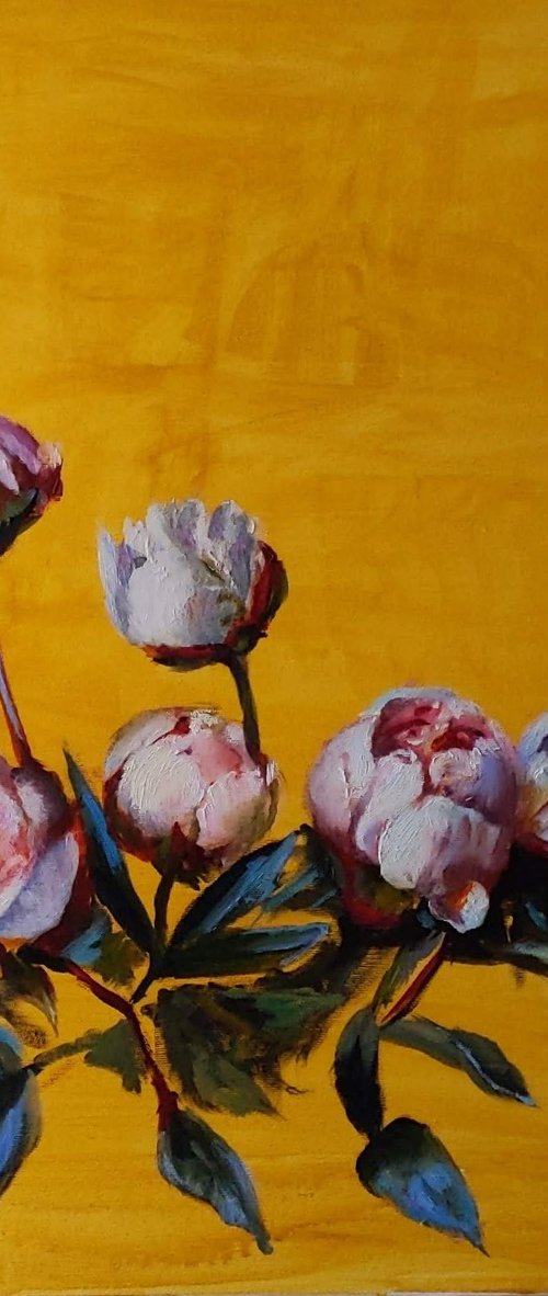 Peonies on the golden yellow by Anna Brazhnikova