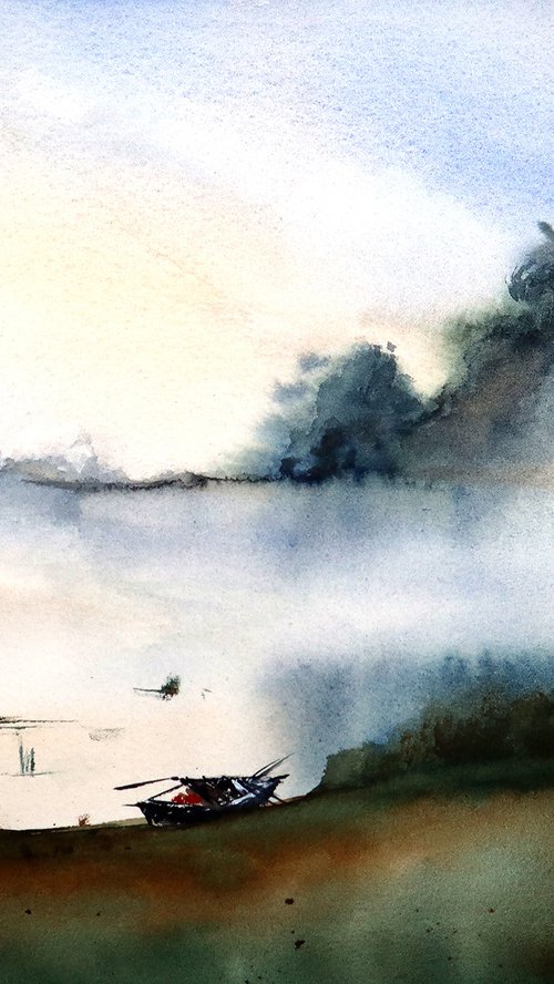 Foggy Lake - Watercolor Landscape - Nature Art by Yana Shvets