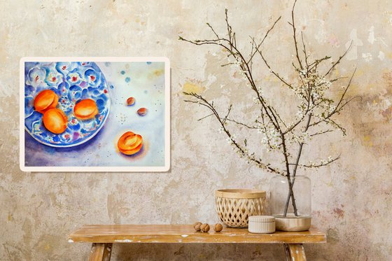 Still life with apricots on a turkish plate - original watercolor turquoise patterns