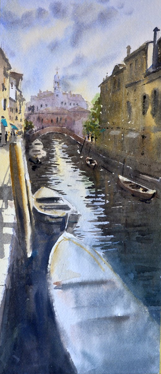 Narrow streets and canals of Venice Italy 23x54cm 2020 by Nenad Kojic watercolorist