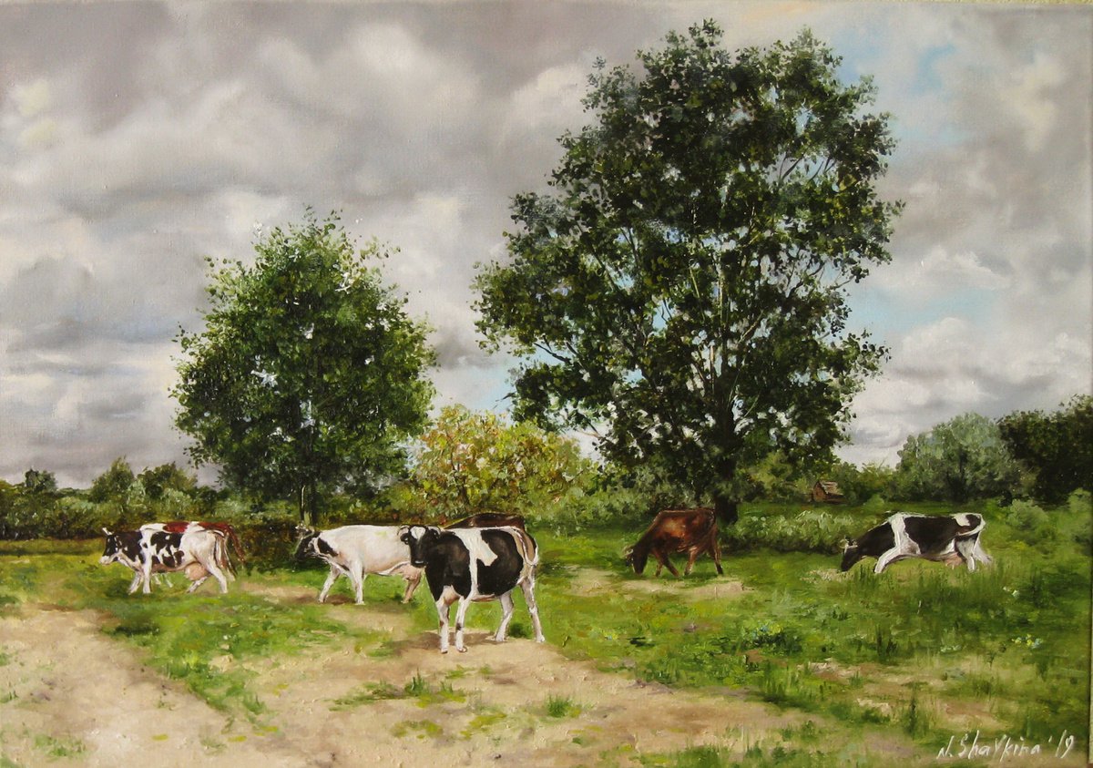 Impressionistic Landscape Oil Painting By Natalia Shaykina, 20 X 14", Peaceful Pasture . Cows, Original Artwork