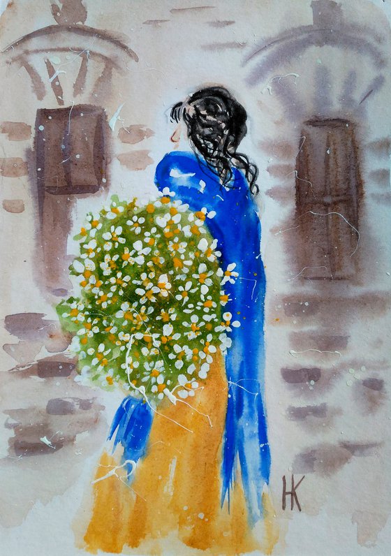 Daisy Painting Woman Original Art Girl Watercolor Artwork Home Wall Art 8 by 12" by Halyna Kirichenko