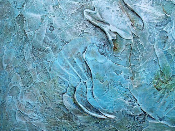 FOSSILS AND SEA SHELLS. Large Abstract Blue Teal Silver Gray Textured Painting 3D