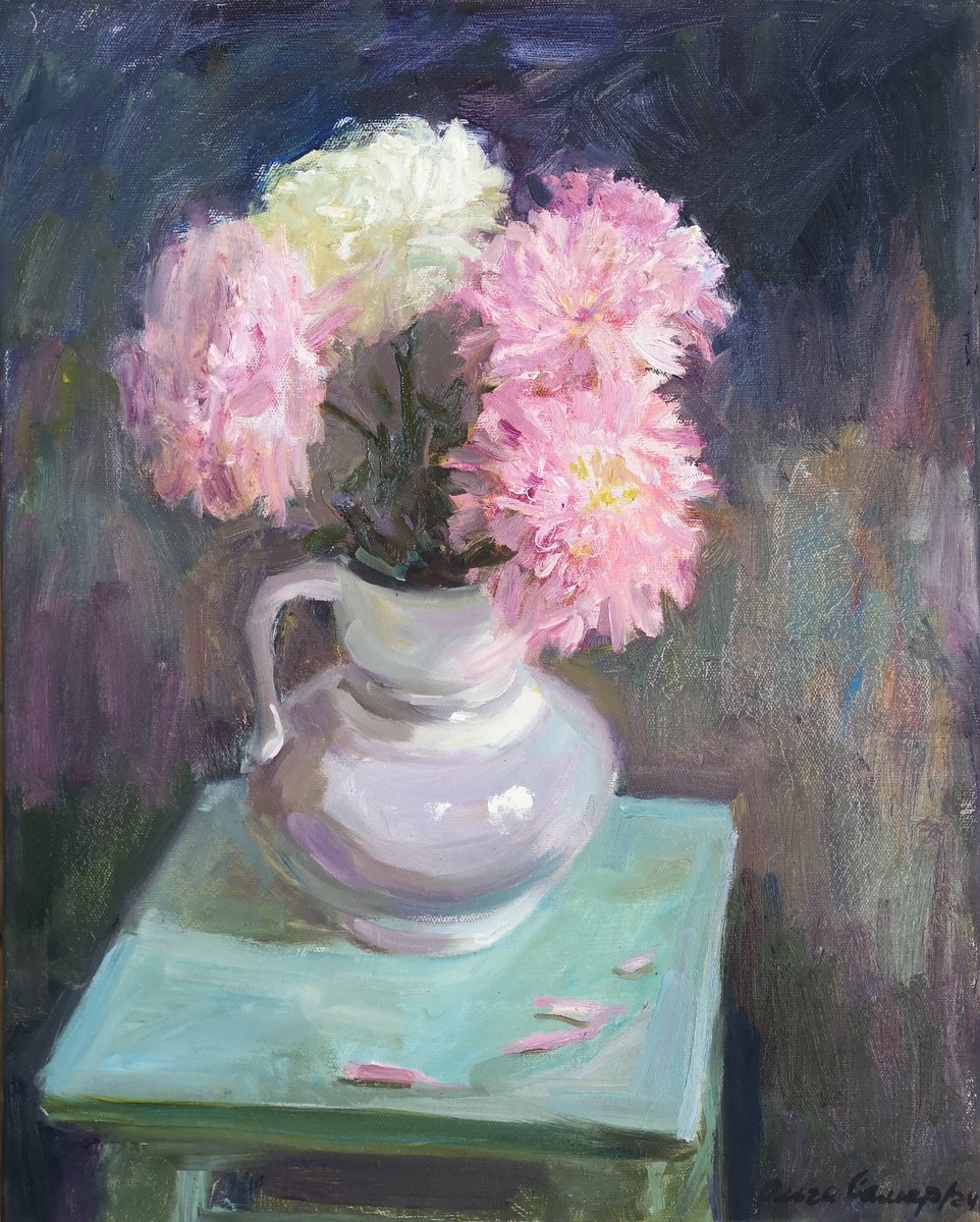 Impressionistic Still Life Oil Painting By Olga Samar, 16 X 20", Lush Chrysanthemums, Original Artwork