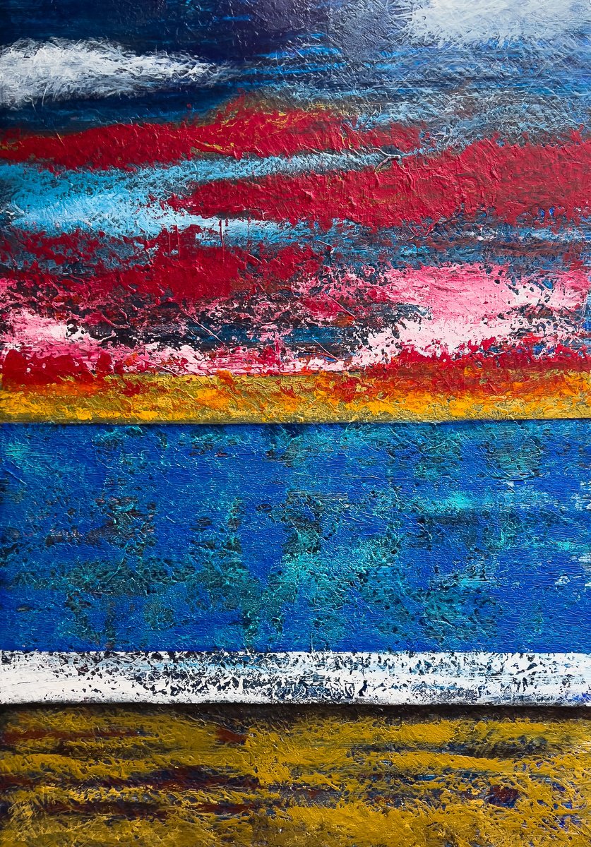 Abstract Landscape Acrylic Painting By Km Arts, 35 X 51", On The Shoreline At Dusk, Original Artwork