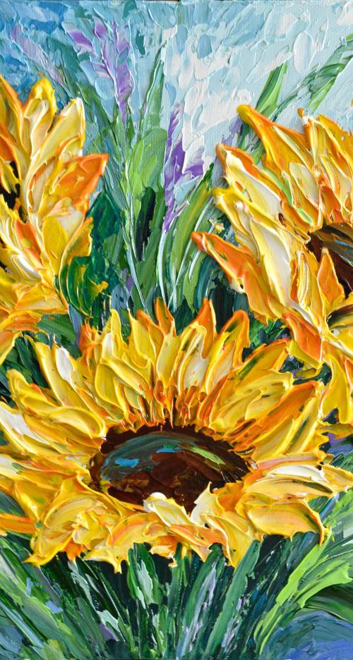 Sunflower Bouquet 11x14, Original Acrylic Painting on Canvas, Impasto Floral abstract art, Impressionist  Palette Knife Modern Painting by Olga Tkachyk