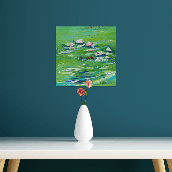 Water Lily Pond Small Floral Painting. Green Painting on Canvas. Modern Impressionism Art