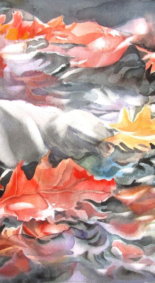a painting a day #31 " Autumn leaves in river" by Alfred  Ng