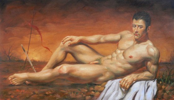 Oil painting male nude man and  sword #16-12-29