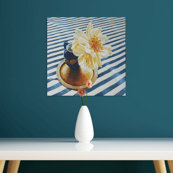 "Chameleon peony in a blue vase." still life peony old vase summer  liGHt original painting  GIFT (2020)