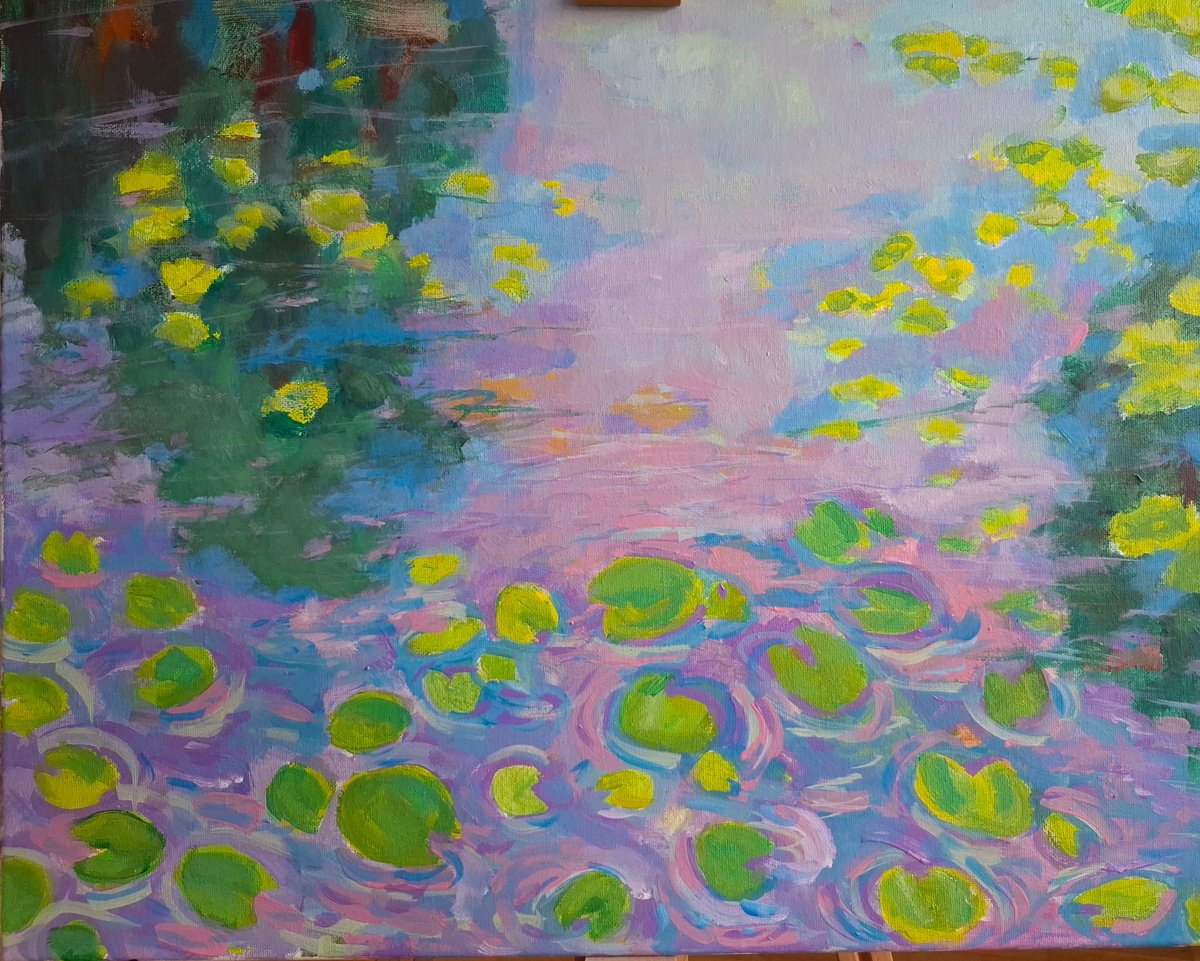 Impressionistic Botanical Acrylic Painting By One Air Art Studio, 20 X 16", Water Lilies Ii, Original Artwork