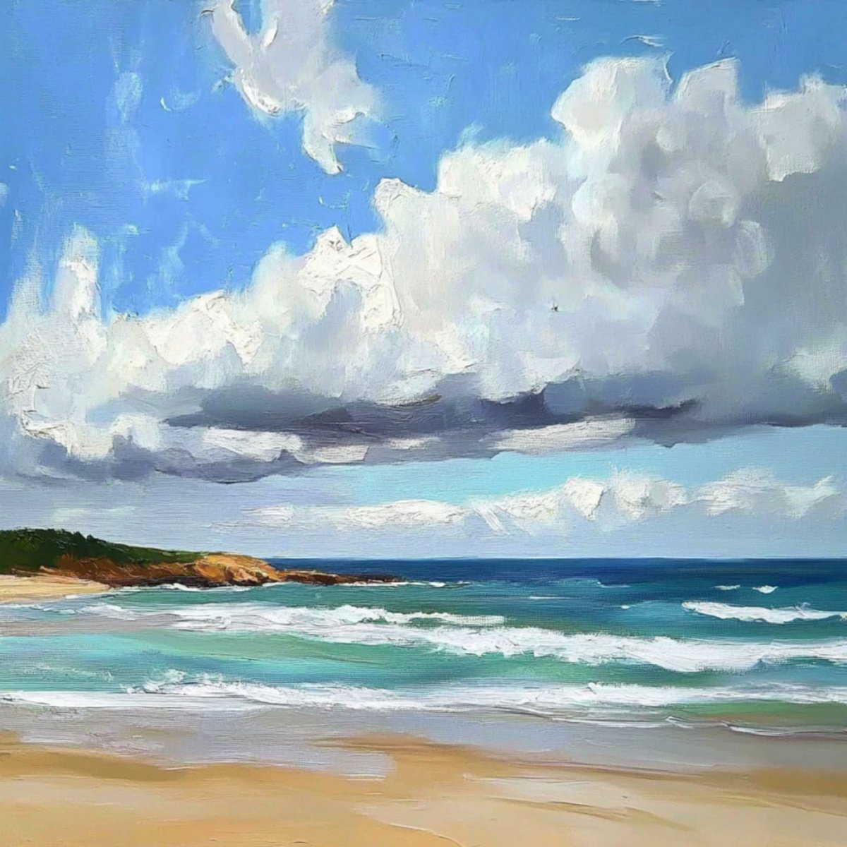 Impressionistic Landscape Print By Elena Avanesova, 31 X 31, Cloudy Day At The Beach, Original Artwork
