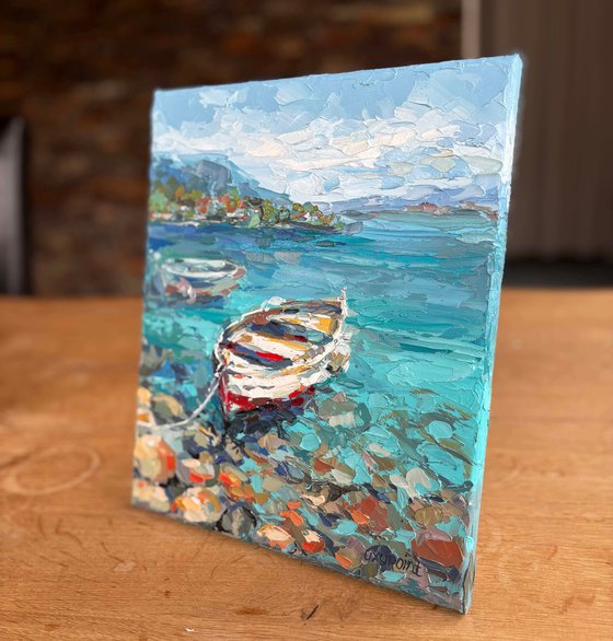 "Boat by the Shore" seascape painting