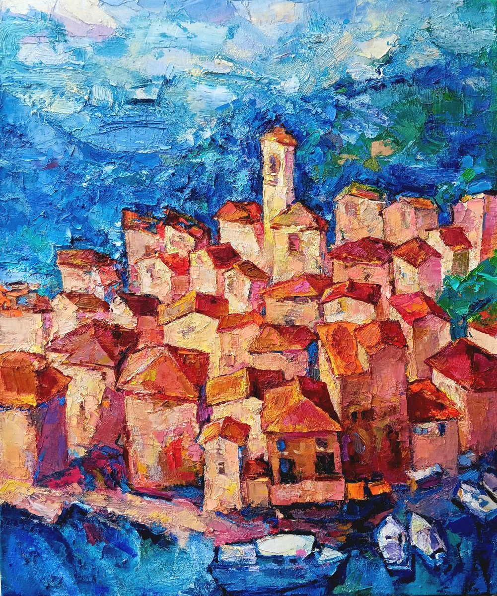 Expressive Landscape Oil Painting By Ruslan Khais, 30 X 36", Lake Como, Original Artwork