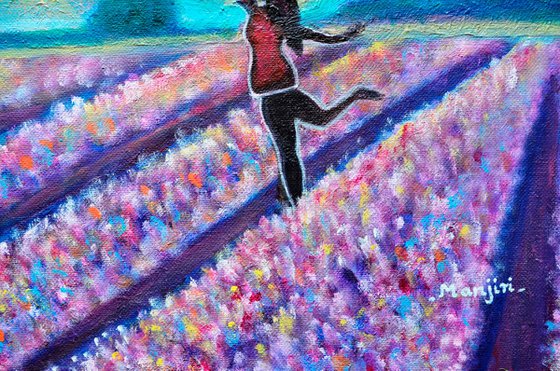 Lavender Field Walk-girl With Umbrella