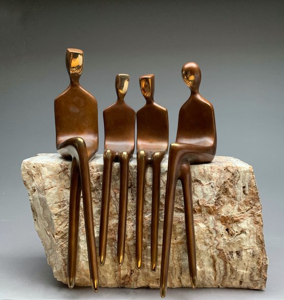 Bronze Sculpture - Family of Four in 15"  mounted on natural stone base