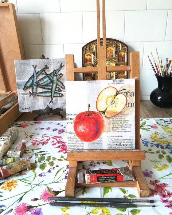 "Apple on Newspaper" Original Oil on Canvas Board Painting 6 by 6 inches (15x15 cm)