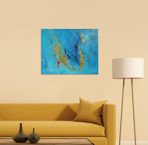 Teal, Blue and Gold Large Abstract Painting. Modern Textured Art